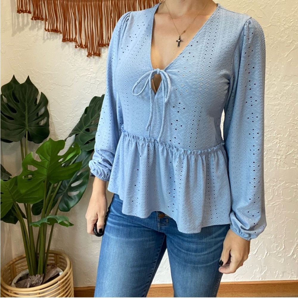 Altar'd State Long Sleeve Peplum Top with Eyelet Details Light Blue Size Small